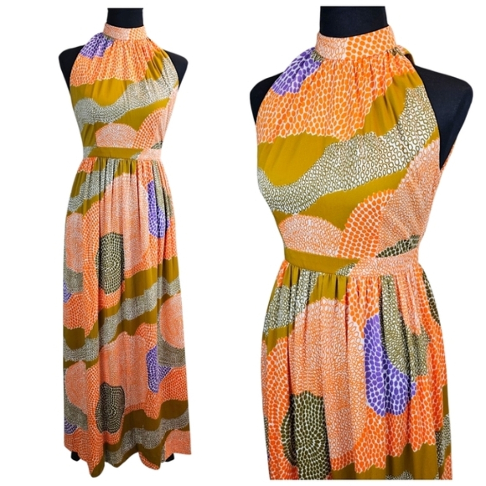 Vintage 1960s Halter Maxi Dress Else Smith For Dalani 6 Retro Boho Psychedelic - Picture 2 of 16